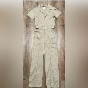 Vintage 70’s Leisure Suit Coveralls Sz 40S Pink Check Belted Polyester One Piece